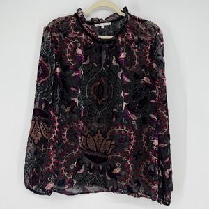 Velvet Burnout Sheer Floral Long Sleeve Mock Neck Tie Blouse Top XL Whimsigoth